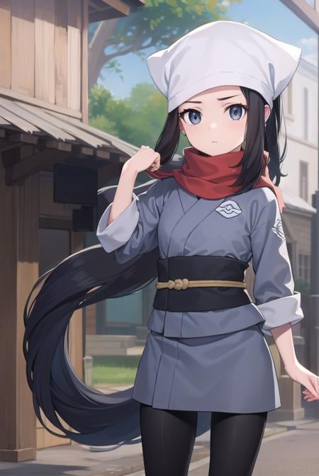 pokemonakari, <lora:pokemonakari-lora-nochekaiser:1>,pokemonakari, black hair, (grey eyes:1.5), long hair, ponytail, sidelocks, (small breasts:1.2),BREAK black pantyhose, black undershirt, brown footwear, head scarf, jacket, loose socks, pantyhose, red scarf, sash, scarf, shoes, socks, white headwear, white pantyhose,BREAK looking at viewer, (full body:1.2), upper body,BREAK outdoors, city, sky,BREAK <lyco:GoodHands-beta2:1>, (masterpiece:1.2), best quality, high resolution, unity 8k wallpaper, (illustration:0.8), (beautiful detailed eyes:1.6), extremely detailed face, perfect lighting, extremely detailed CG, (perfect hands, perfect anatomy),