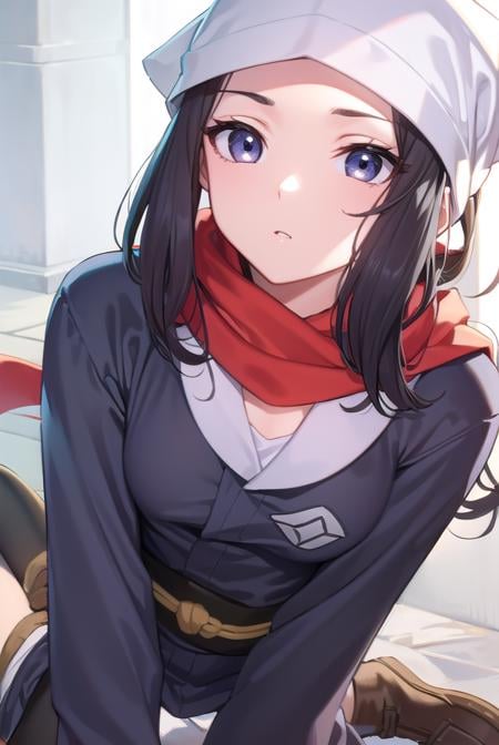 pokemonakari, <lora:pokemonakari-lora-nochekaiser:1>,pokemonakari, black hair, (grey eyes:1.5), long hair, ponytail, sidelocks, (small breasts:1.2),BREAK black pantyhose, black undershirt, brown footwear, head scarf, jacket, loose socks, pantyhose, red scarf, sash, scarf, shoes, socks, white headwear, white pantyhose,BREAK looking at viewer, (full body:1.2), upper body,BREAK outdoors, city, sky,BREAK <lyco:GoodHands-beta2:1>, (masterpiece:1.2), best quality, high resolution, unity 8k wallpaper, (illustration:0.8), (beautiful detailed eyes:1.6), extremely detailed face, perfect lighting, extremely detailed CG, (perfect hands, perfect anatomy),