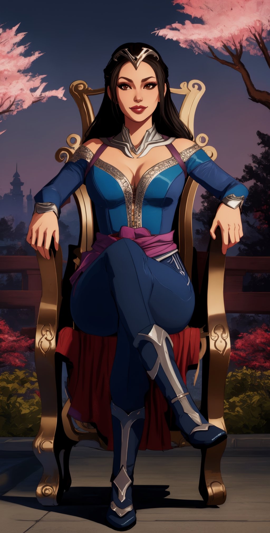 KitanaMK1, tiara, long black hair, brown eyes, lips, jewelry, blue dress, cleavage, blue  pants, pelvic curtain, looking at viewer, serious, smirk,
sitting, on fancy throne chair, crossing legs, outside, palace garden, cherry blossom, dusk, twilight sky, extreme detail, hdr, beautiful quality,  