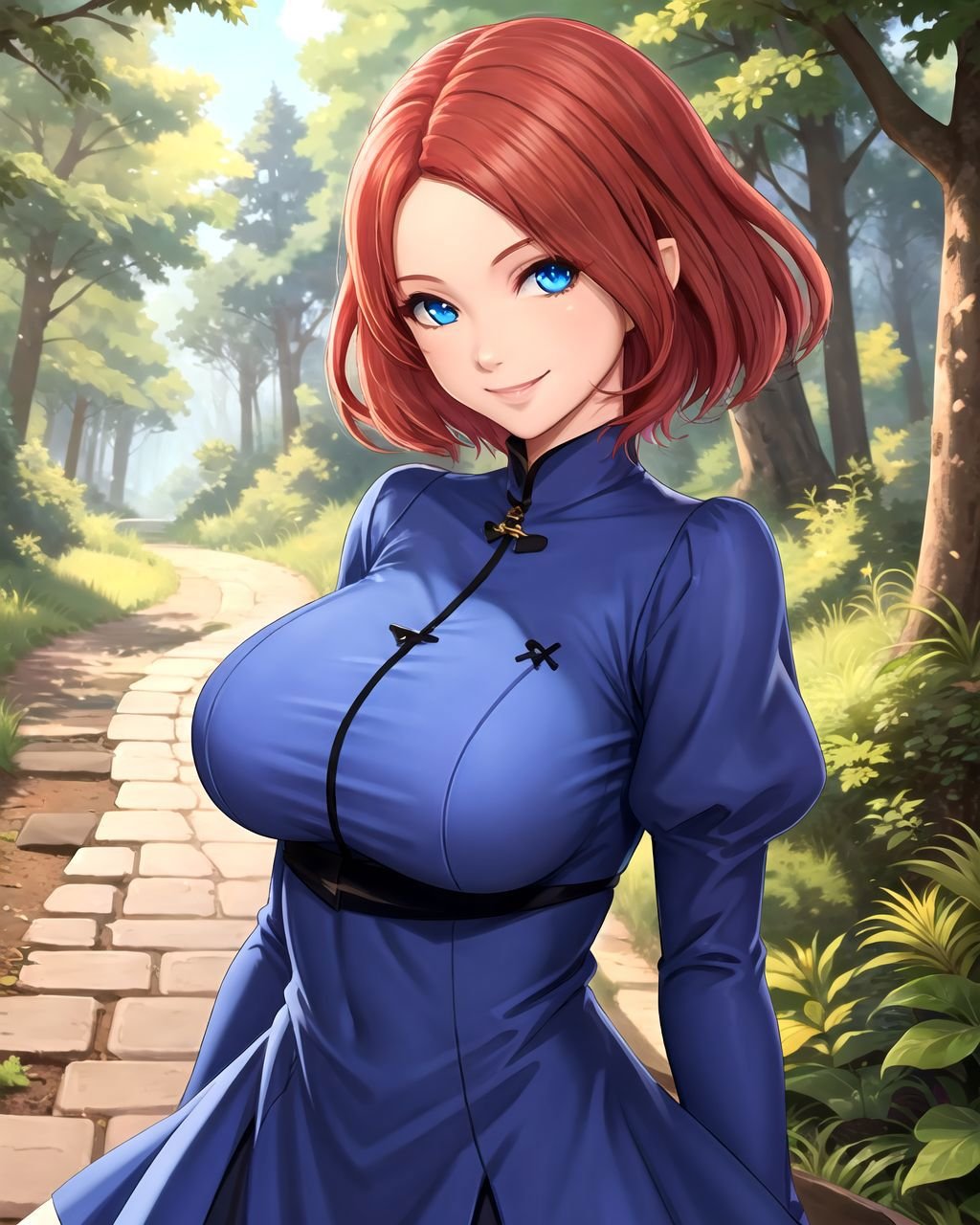 upper body, short hair, red hair, blue eyes, blue dress, breasts, smile, forest, path, cobblestone path, <lora:ExLic:0.5>