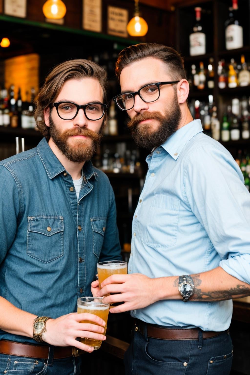 hipster men at a bar posing for a picture <lora:people_count_slider_v1:-1>