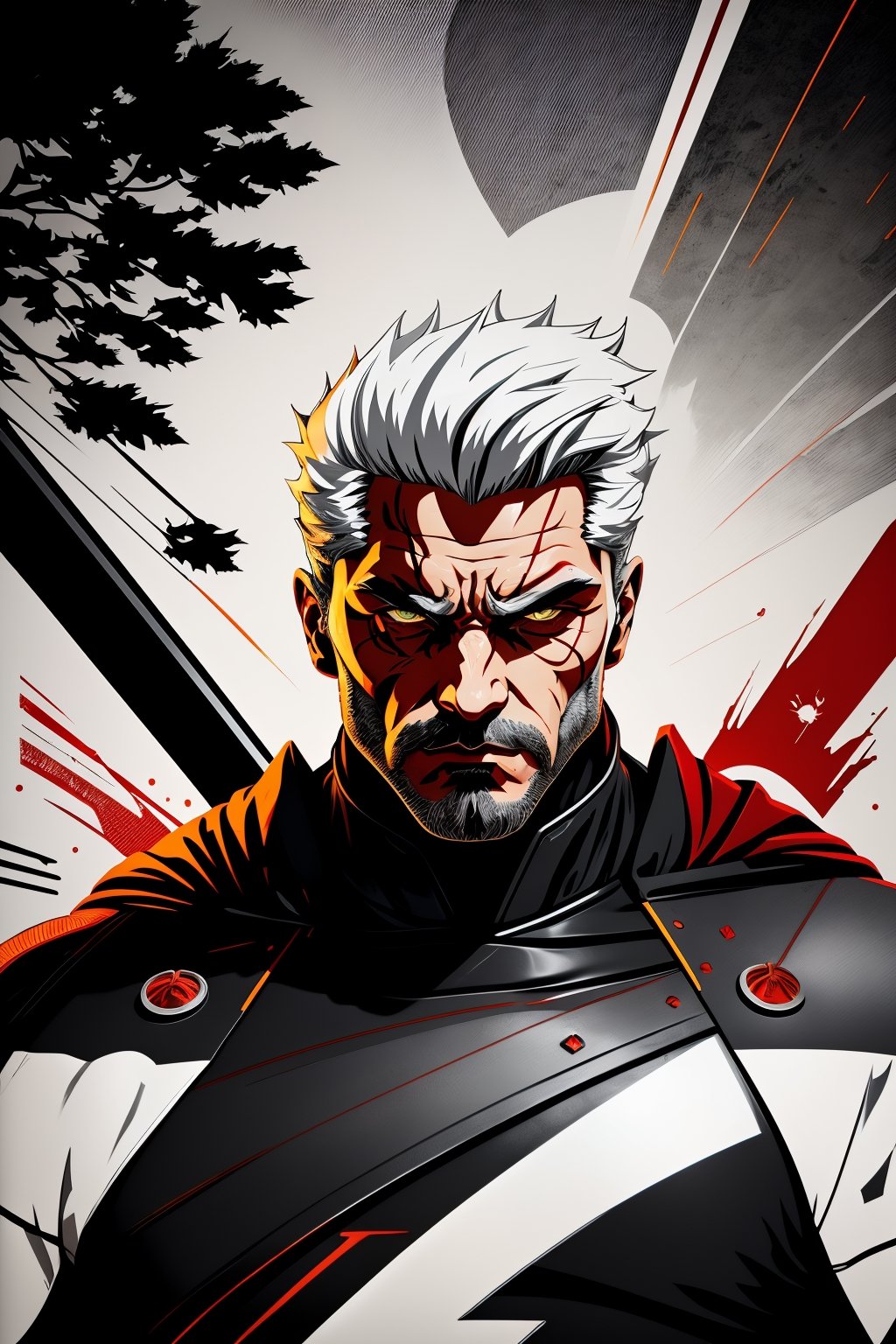 midshot, cel-shading style, centered image, white man, his mid-twenties of age, white-gray hair, strong body, red irises, a sleek black ninja suit, large katana handle on the back, hunter eyes, a strong face, detailed jaw, American traces, (tetradic colors), inkpunk, ink lines, strong outlines, art by MSchiffer, bold traces, unframed, high contrast, (cel-shaded:1.1), vector, 32k resolution, best quality, flat colors, flat lights, beardless