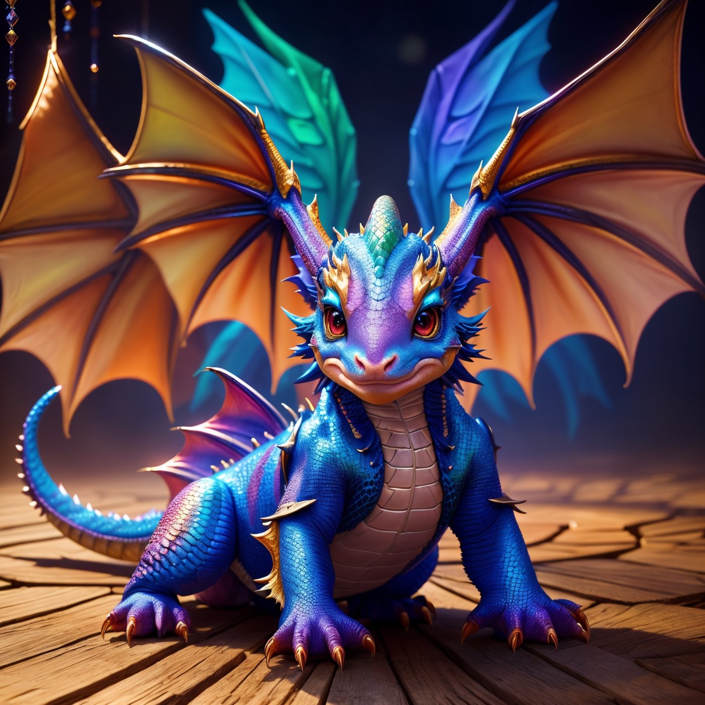 baby dragon, cinematic background, vibrant colors, UHD, 16k, 3D rendering, detailed scales, adorable face and expression, sparkling eyes, fluffy wings, playful pose, magical atmosphere, realistic textures, professional artwork, fantasy art style, mystical lighting, captivating composition, epic fantasy scene