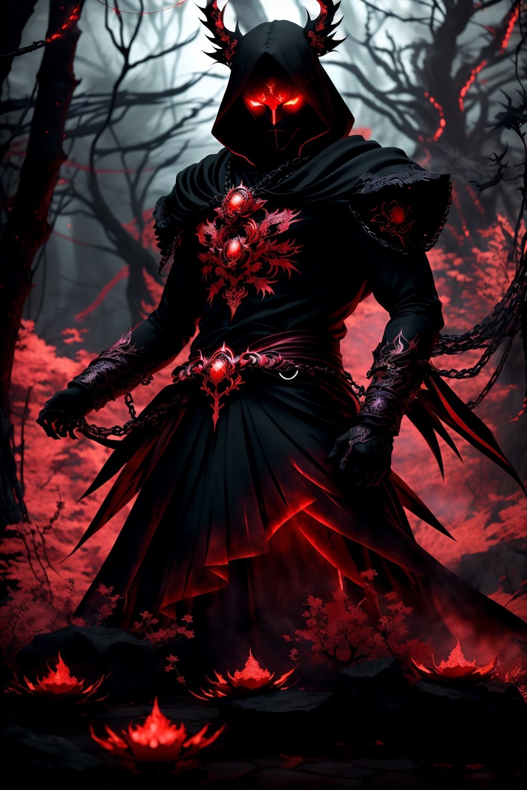 (Anime-style:1.3), (Dark and intense:1.2), A striking anime character, shrouded in shadows and poised for battle, stands against a deep crimson background adorned with menacing chains. Glowing red hollow fire particles dance around the scene, creating an otherworldly ambiance. The unique pastel look adds an ethereal touch to this dramatic and visually intense composition.