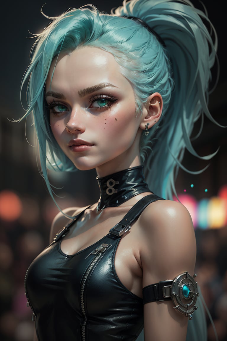 ((masterpiece,best quality)),  <lora:Ember_McLain_Danny_Phantom_Anime:0.8>, Ember_McLain_Danny_Phantom, pony tail, aqua hair, upper body, extremely detailed face,smug, goth, | blue fire and music notes in background, | bokeh, depth of field, cinematic composition, 