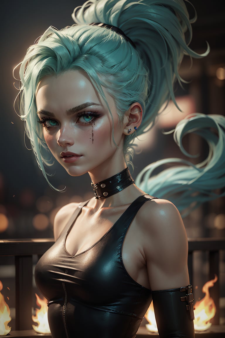 ((masterpiece,best quality)),  <lora:Ember_McLain_Danny_Phantom_Anime:0.8>, Ember_McLain_Danny_Phantom, pony tail, aqua hair, upper body, extremely detailed face,smug, goth, | blue fire and music notes in background, | bokeh, depth of field, cinematic composition, 