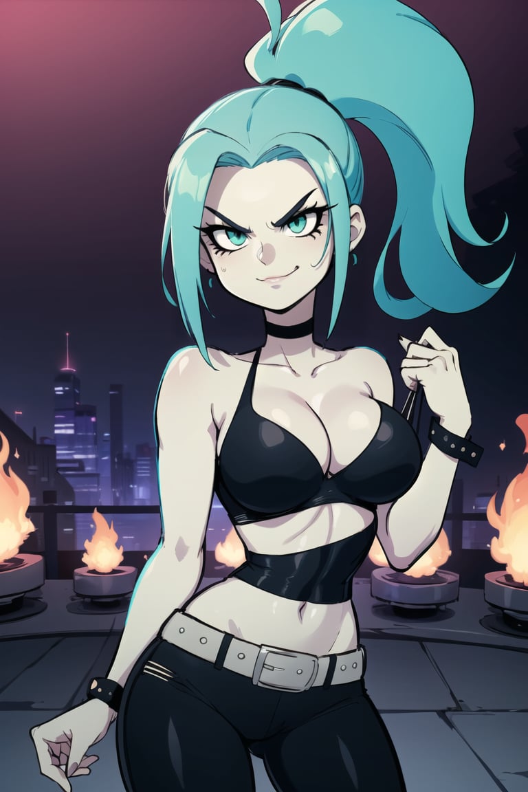 ((masterpiece,best quality)), absurdres,<lora:Ember_McLain_Danny_Phantom_Anime:0.8>, Ember_McLain_Danny_Phantom, pony tail, aqua hair,smug, goth, big belt,blue fire and music notes in background, cinematic composition, contrapposto