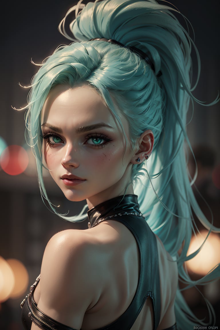 ((masterpiece,best quality)),  <lora:Ember_McLain_Danny_Phantom_Anime:0.8>, Ember_McLain_Danny_Phantom, pony tail, aqua hair, upper body, extremely detailed face,smug, goth, | blue fire and music notes in background, | bokeh, depth of field, cinematic composition, 