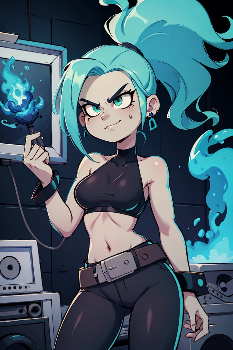 ((masterpiece,best quality)), absurdres,<lora:Ember_McLain_Danny_Phantom_Anime:0.8>, Ember_McLain_Danny_Phantom, pony tail, aqua hair,smug, goth, big belt,blue fire and music notes in background, cinematic composition, contrapposto