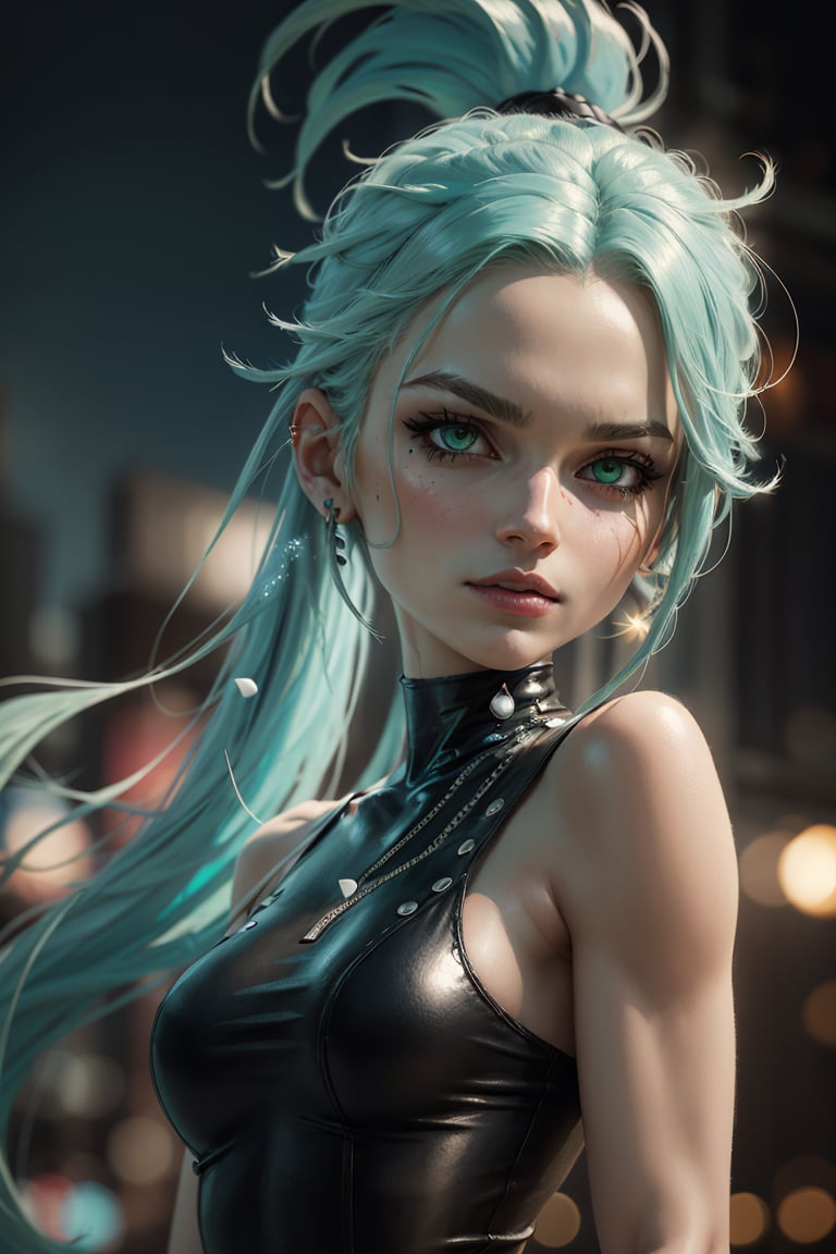 ((masterpiece,best quality)),  <lora:Ember_McLain_Danny_Phantom_Anime:0.8>, Ember_McLain_Danny_Phantom, pony tail, aqua hair, upper body, extremely detailed face,smug, goth, | blue fire and music notes in background, | bokeh, depth of field, cinematic composition, 