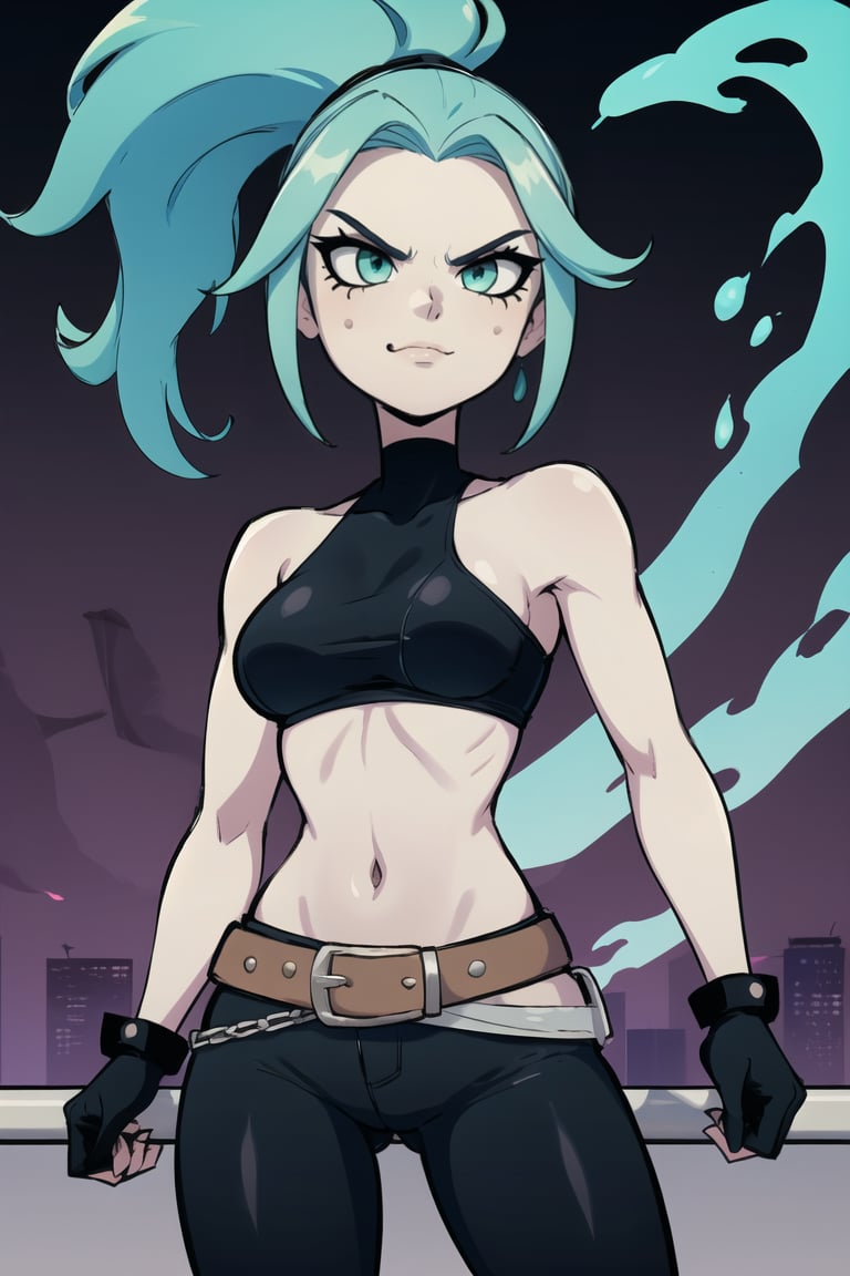 ((masterpiece,best quality)), absurdres,<lora:Ember_McLain_Danny_Phantom_Anime:0.8>, Ember_McLain_Danny_Phantom, pony tail, aqua hair,smug, goth, big belt,blue fire and music notes in background, cinematic composition, contrapposto