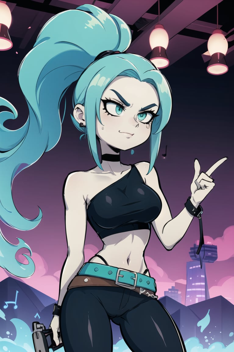 ((masterpiece,best quality)), absurdres,<lora:Ember_McLain_Danny_Phantom_Anime:0.8>, Ember_McLain_Danny_Phantom, pony tail, aqua hair,smug, goth, big belt,blue fire and music notes in background, cinematic composition, contrapposto