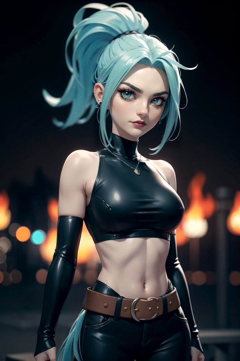 centered, award winning upper body portrait, cowboy shot, (looking at viewer:1.2), |<lora:Ember_McLain_Danny_Phantom_Anime:0.8>, Ember_McLain_Danny_Phantom, pony tail, aqua hair,smug, goth, big belt,contrapposto, | blue fire and music notes in background, | bokeh, depth of field, cinematic composition, 