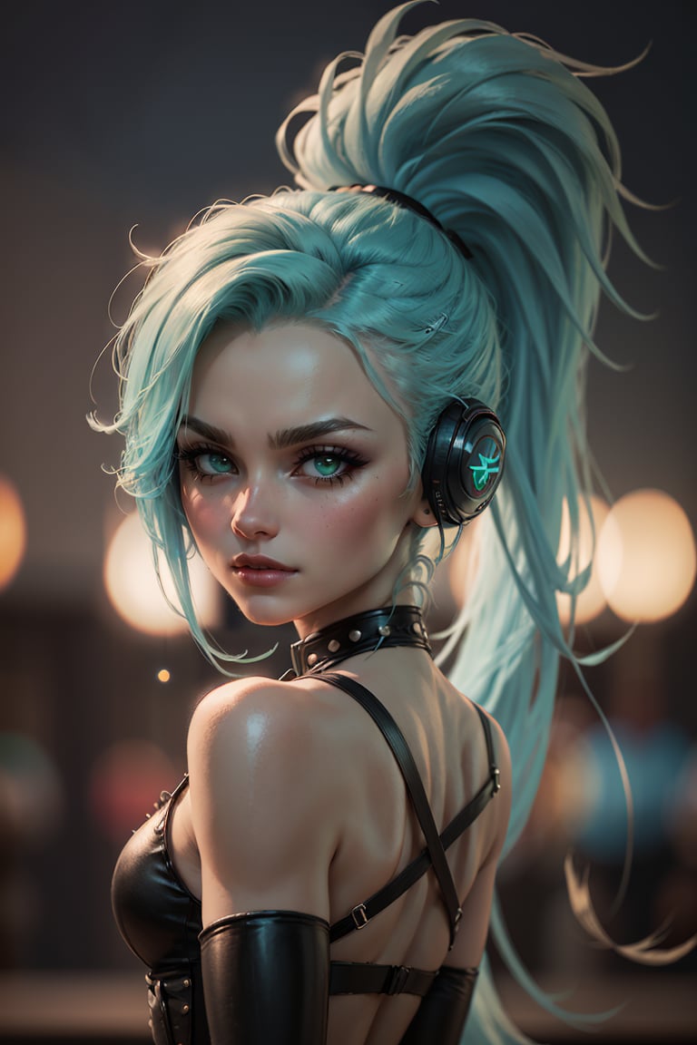 ((masterpiece,best quality)),  <lora:Ember_McLain_Danny_Phantom_Anime:0.8>, Ember_McLain_Danny_Phantom, pony tail, aqua hair, upper body, extremely detailed face,smug, goth, | blue fire and music notes in background, | bokeh, depth of field, cinematic composition, 