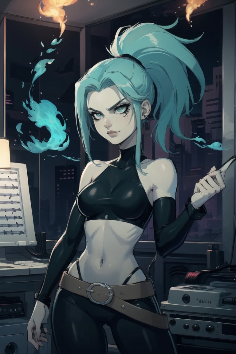 ((masterpiece,best quality)), absurdres,<lora:Ember_McLain_Danny_Phantom_Anime:0.8>, Ember_McLain_Danny_Phantom, pony tail, aqua hair,smug, goth, big belt,blue fire and music notes in background, cinematic composition, contrapposto