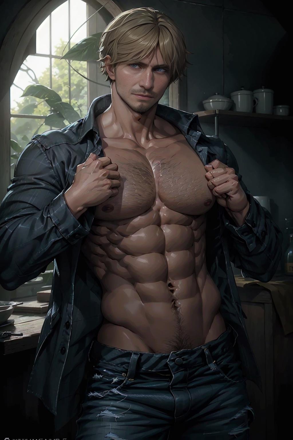 mike_zacharias, ((hairy chest)), muscular neck, blonde hair, arrogant smile, defiant eyes, open shirt, jeans, navel hair, hard nipples, ultra realistic  <lora:mike_zacharias:0.7> 