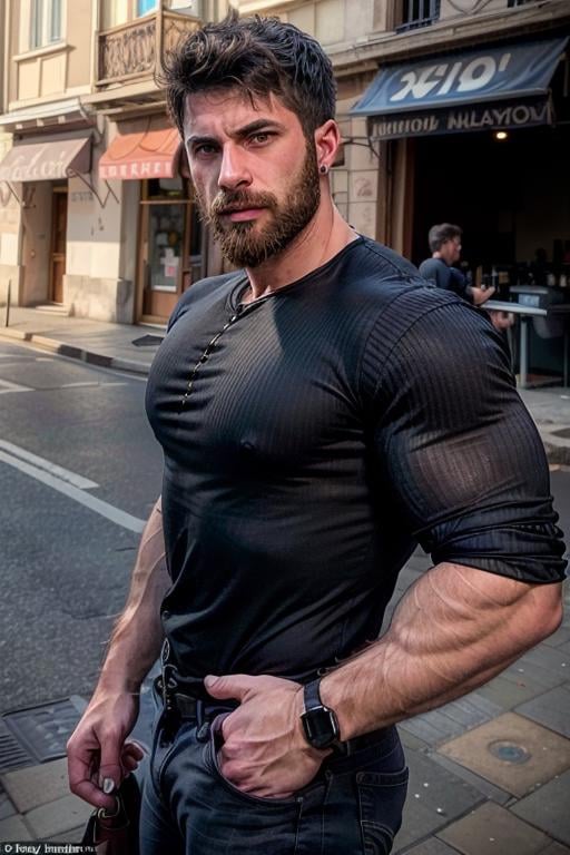 gianluca_antonelli, arrogant, smirk, (thight black shirt), jeans, hairy chest, muscular, street, daylight, male focus, upper body, large pectorals, standing, seen from above, broad shoulders, big biceps, beard, ear piercing, blue eyes, looking at the viewer, <lora:giangiskhan-50:0.7>,  <lora:add_detail:1>