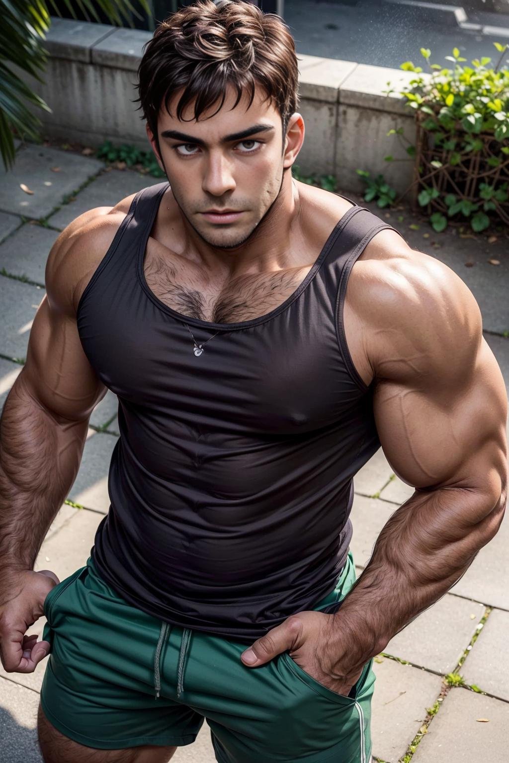 marcus_this_guy, solo, blush, 1boy, green eyes, ((((darker skin)))), thick eyebrows, arrogant look, upper body, male focus, muscular, (tank top), shorts, seen from above, broad shoulders, large pectorals,  big biceps,  hairy chest, stubble, outdoors, street <lora:marcus_this_guy-42:0.6>  <lora:add_detail:1>