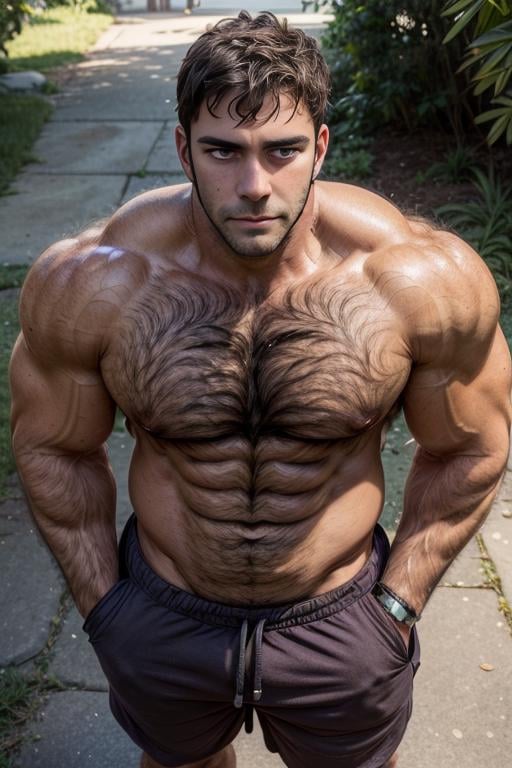 marcus_this_guy, solo, blush, 1boy, green eyes, ((((darker skin)))), thick eyebrows, arrogant look, upper body, male focus, muscular, tank top, shorts, seen from above, broad shoulders, large pectorals,  big biceps,  hairy chest, stubble, outdoors, street <lora:marcus_this_guy-42:0.6>  <lora:add_detail:1>  <lora:ChestHairAlrightALT:1>