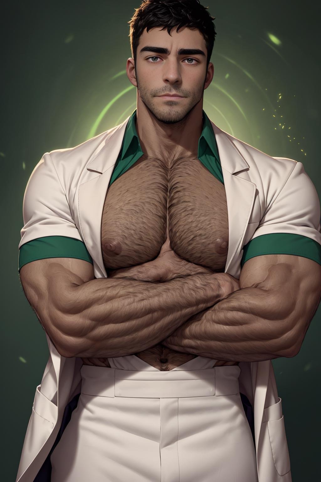 marcus_this_guy, solo, looking at viewer, short hair, shirt, 1boy, upper body, male focus, collared shirt,  hairy chest, ((crossed arms)) muscular, labcoat, facial hair, thick eyebrows, mature male, bara, green eyes, (((darker skin))), hairy arms, realistic <lora:marcus_this_guy-42:0.6>   <lora:ChestHairAlrightALT:1>