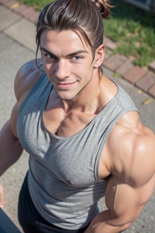 giant_this_guy, solo, blush, man bun, smile, arrogant look, upper body, male focus, grin, muscular, tank top, ((seen from above)), big biceps, broad shoulders, large pectorals, outdoors, street <lora:giant_this_guy-50:0.5>