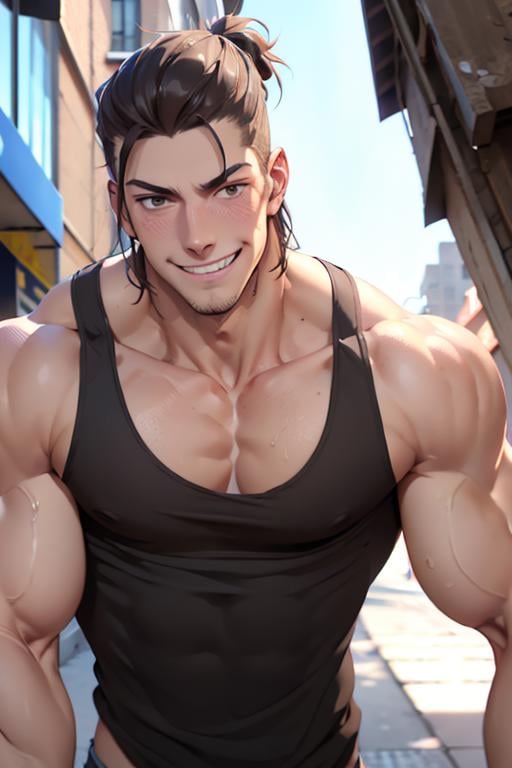 giant_this_guy, solo, blush, smile, 1boy, arrogant look, upper body, male focus, grin, muscular, tank top, seen from below, broad shoulders, large pectorals, outdoors, street <lora:giant_this_guy-40:0.5>