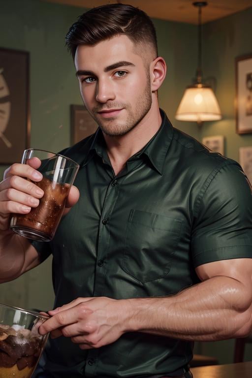 seamus_celeryman, solo, smile, short hair, brown hair, shirt, 1boy, holding, closed mouth, green eyes, upper body, male focus, collared shirt, artist name, cup, black shirt, facial hair, muscular male, holding cup, bara, beard, drinking glass, <lora:seamus_celeryman-20:0.6>,