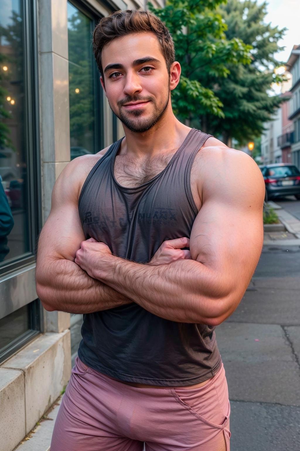 dominick_wissel ,solo, blush, beard, 1boy, smile, tank top, no pants, muscular, street, outdoors, thick eyebrows, broad shoulders, big biceps,  standing, male focus,  looking at the viewer,  hairy, black hair, (arms crossed on chest), <lora:dominick_wissel-27:0.6>,   <lora:add_detail:1>