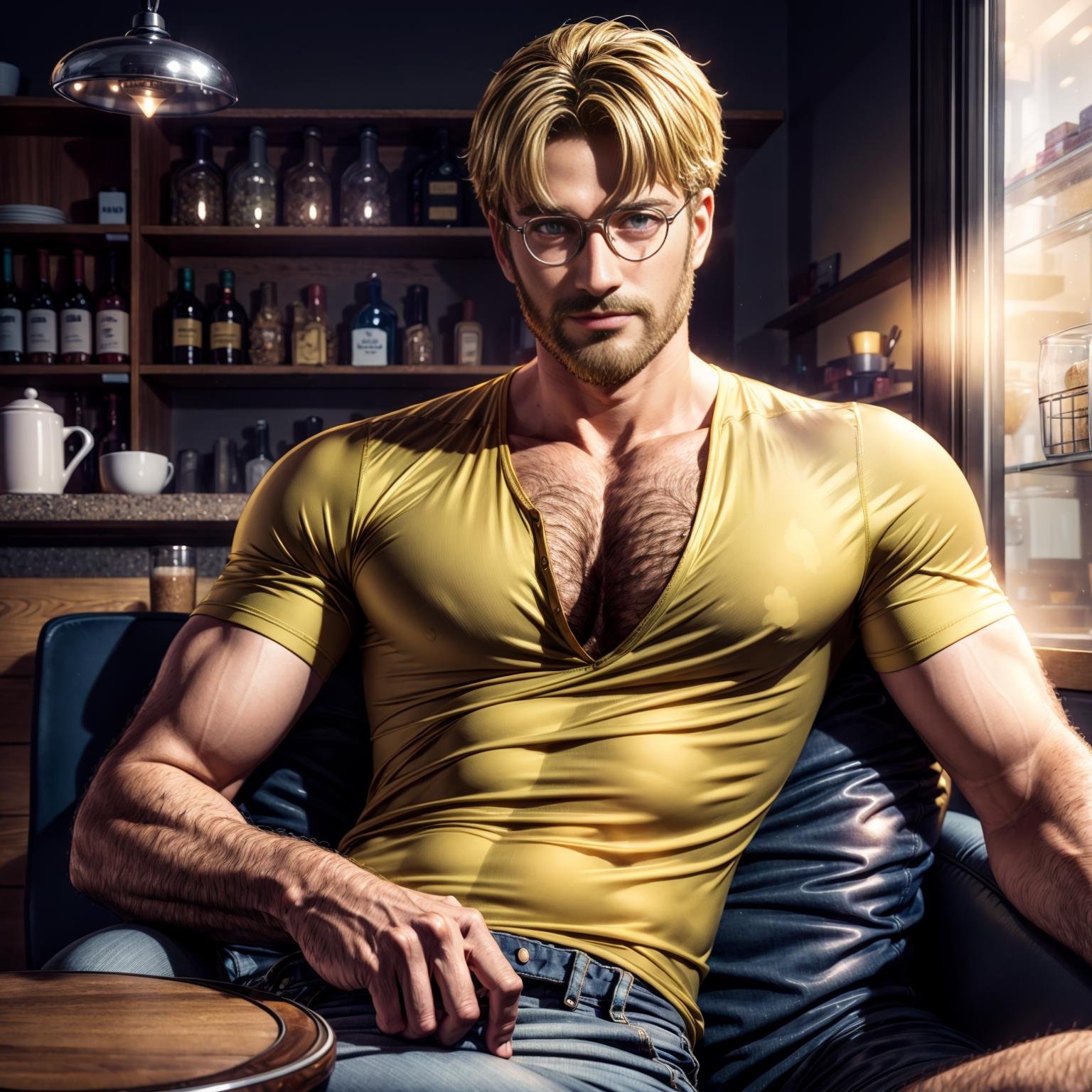 zeke_jaeger,  cafe,  sitting, yellow shirt, glasses, hairy chest, winky face, looking at you, <lora:zeke:0.5>  <lora:add_detail:1>  <lora:BetterCocks:0.6>  <lora:ChestHairAlrightALT:1>  <lora:muscle_slider_v1:0.5>