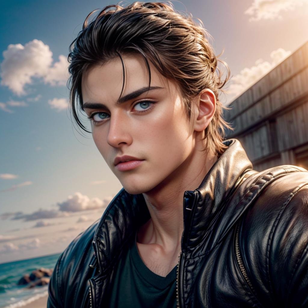 eren_jaeger, young man, 25 years old, muscular, solo, green eyes, looking at viewer, black hair, 1boy, closed mouth, male focus, outdoors, sky, cloud, portrait, sunset, front view, close-up, <lora:eren_yeager-38:0.7>,  <lora:add_detail:1>