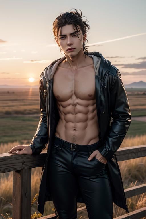 eren_jaeger, solo, muscular, sunset background, prairies, black hair, 1boy, male focus, pants, hood, coat, <lora:eren_yeager-38:0.65>