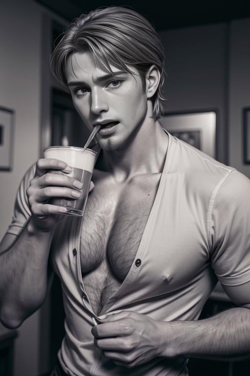 jean_kirstein, blush, short hair, open mouth, shirt, 1boy, monochrome, upper body, greyscale, male focus, multiple boys, solo focus, 2boys, speech bubble, cup, facial hair, pectorals, holding cup, alcohol, drinking glass, mature male, stubble, drunk, partially unbuttoned, chest hair, pectoral cleavage, arm hair,  <lora:jean_kirstein-15:0.7>