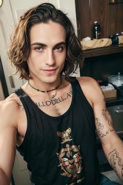 damiano_maneskin, solo, strong neck, tank top, tattoos, looking at you, smile, ((stubble)), (black eyeliner) <lora:damiano_maneskin-40:0.65>