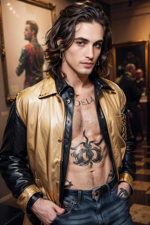 damiano_maneskin, jacket, tattoos, black eyeliner, earrings, jeans, hairy chest, (shirt), stubble, (beard), museum, realistic <lora:damiano_maneskin-40:0.65>