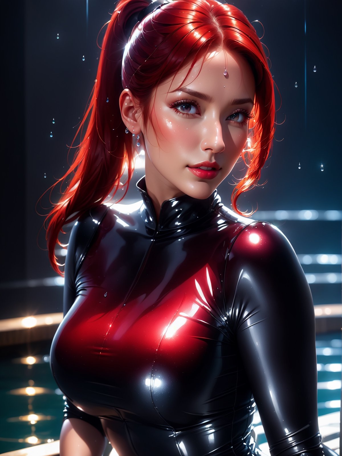 ((masterpiece, best quality, highres:1.2)) centered, close up, 1girl, milf, red hair, ponytail, long hair, glossy lips, glowing eyes, looking at the camera, dual tone light source, back light, body up, make up, glow sparkle, latex top dress, white pencil skirt, water drops ,roborobocap