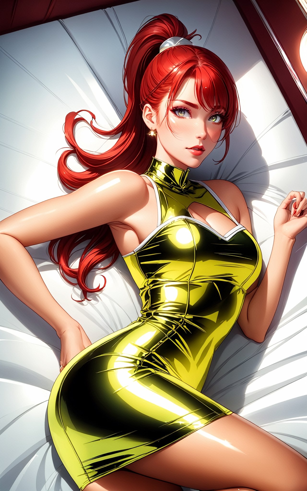 ((masterpiece, best quality, highres:1.2)) centered, close up, 1girl, milf, red hair, ponytail, long hair, glossy lips, glowing eyes, looking at the camera, dual tone light source, back light, body up, make up, glow sparkle, latex top dress, white pencil skirt, motal, love hotal, laying on bed, roborobocap,roborobocap