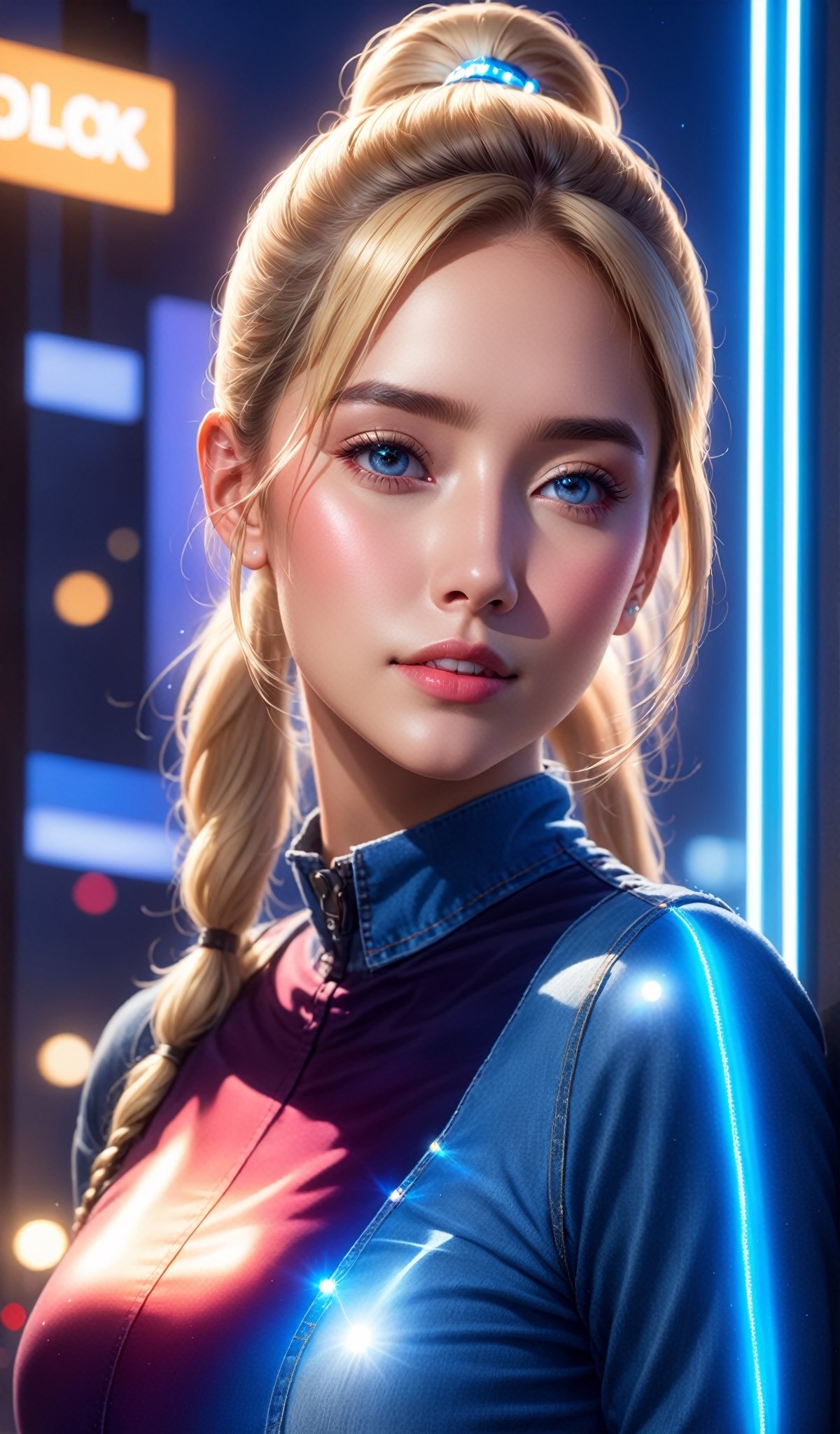 ((masterpiece, best quality, highres:1.2)) centered, close up, 1girl, teen, blonde hair, ponytail, medium hair, glossy lips, glowing eyes, looking at the camera, dual tone light source, make up, glow sparkle, crop top, blue_jeans, 
 roborobocap