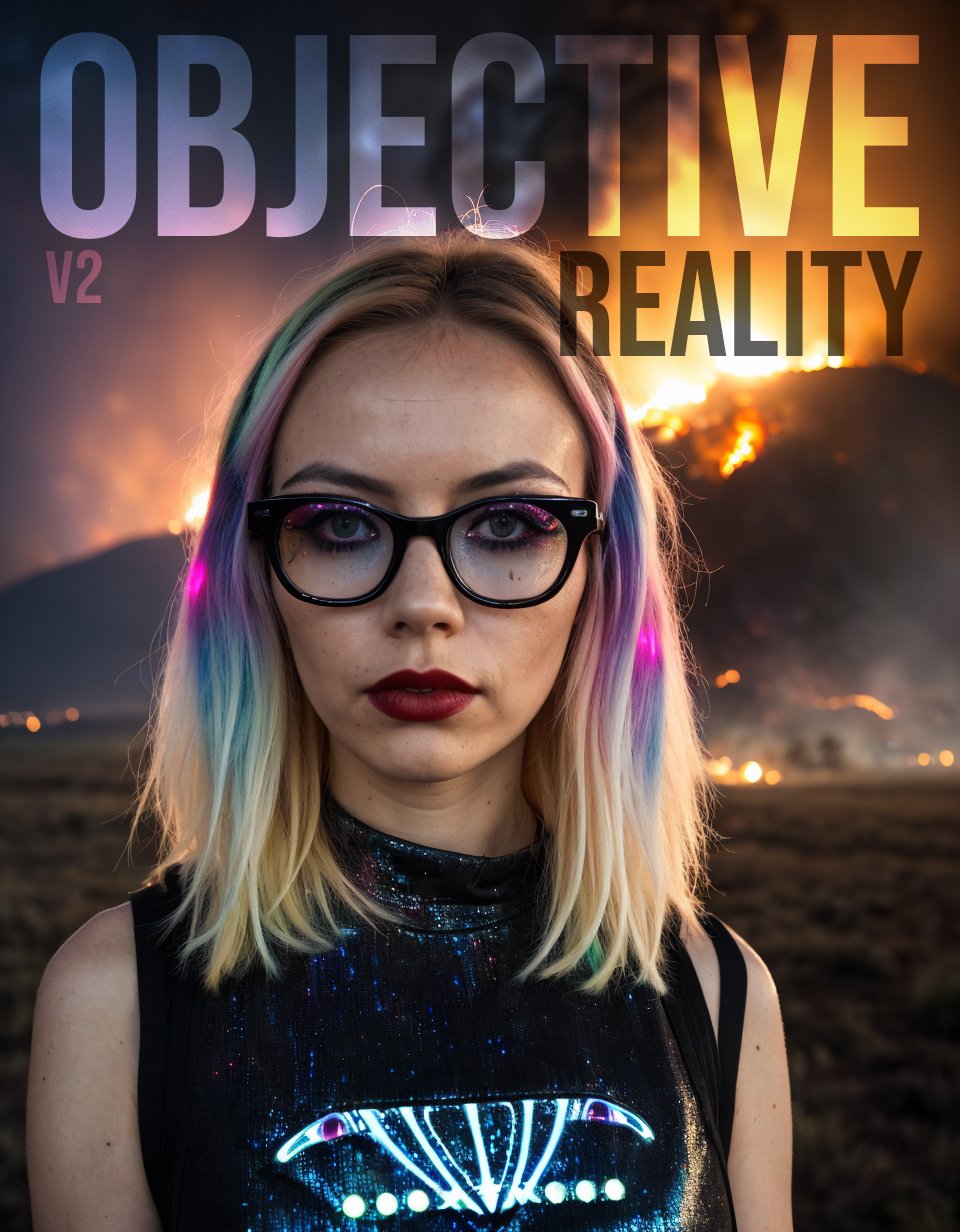 photo of a blonde women (with rainbow streaks in her hair:1.1), subtle red lipstick, high detail skin,, burning house behind her , night time,   award winning photo , dark eye shadow, big black  glasses, cinematic, low light shot,  ambient light from fire , (aliens behind her:1.5) 
