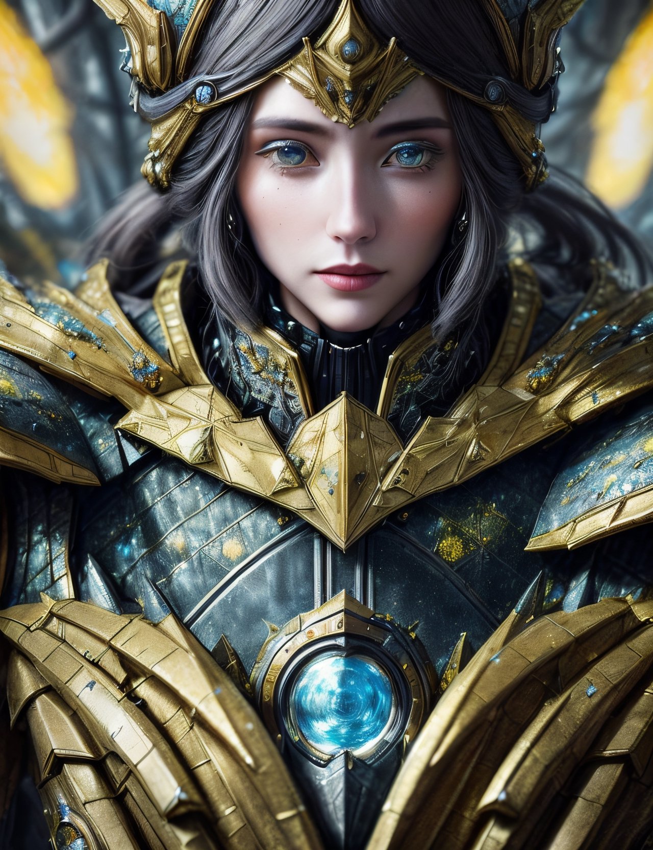 (Close-up shot of Woman:1.5) DonML1quidG0ld, hyper detailed, full body armor, awesome, stunningly beautiful, fairytale, whimsical, tech sci-fi futuristic