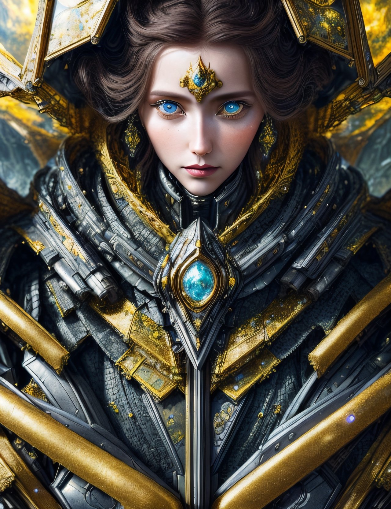 (Close-up shot of Woman:1.5) DonML1quidG0ld, hyper detailed, full body armor, awesome, stunningly beautiful, fairytale, whimsical, tech sci-fi futuristic