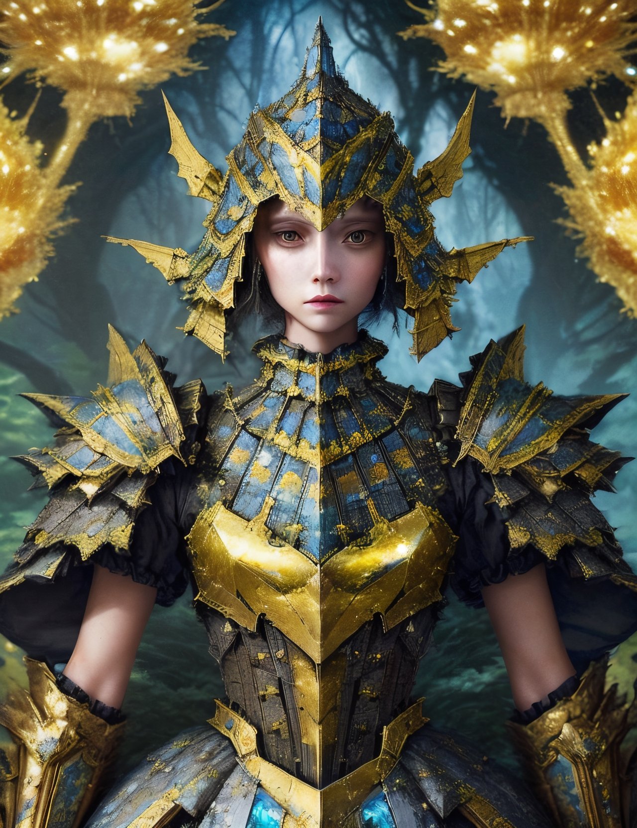 (Upper body shot of Woman:1.5) DonML1quidG0ld, hyper detailed, full body armor, awesome, stunningly beautiful, fairytale, whimsical, tech
