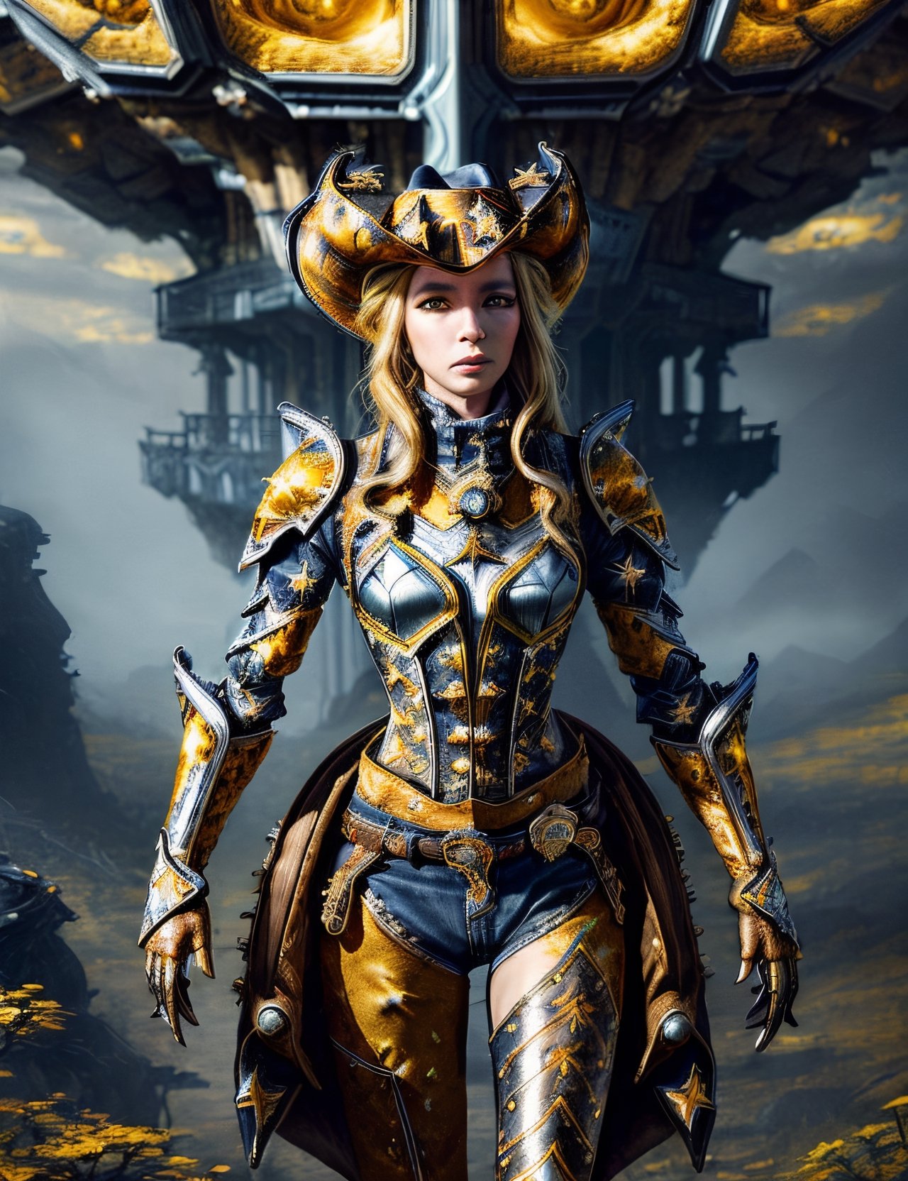 (Cowboy shot of Woman:1.5) DonML1quidG0ld, hyper detailed, full body armor, awesome, stunningly beautiful, fairytale, whimsical, tech sci-fi futuristic