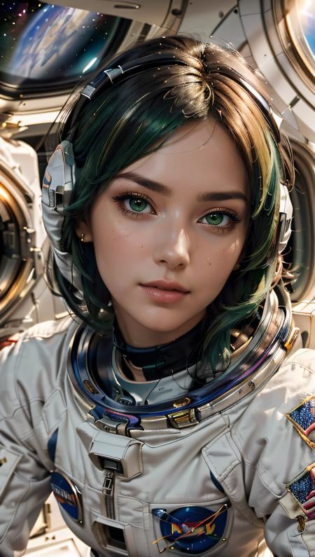 (best quality, masterpiece, perfect face, beautiful and aesthetic:1.2, colorful, dynamic angle, highest detailed face) full body photo, fashion photography of cute astronaut girl with long iridiscent green hair, in space with galaxy behind, 35mm, bokeh, 9:16, (intricate details, hyperdetailed:1.15), detailed, sunlight passing through hair (high contrast, official art, extreme detailed, highest detailed),