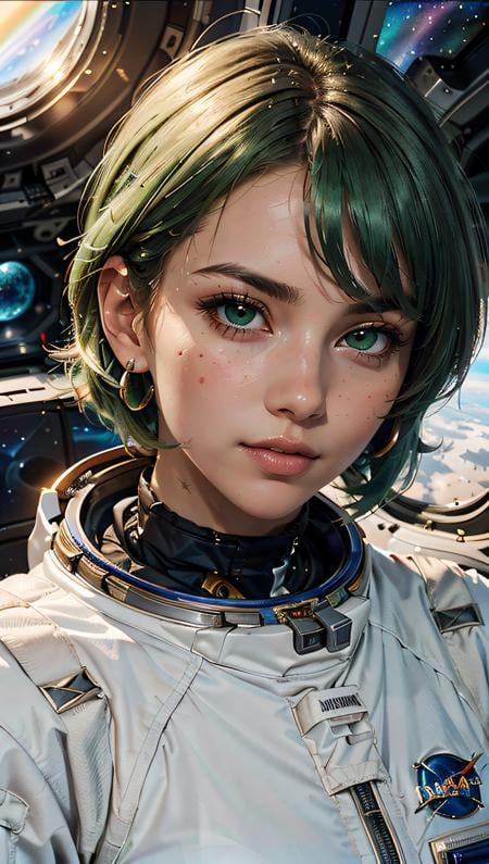 (best quality, masterpiece, perfect face, beautiful and aesthetic:1.2, colorful, dynamic angle, highest detailed face) full body photo, fashion photography of cute astronaut girl with long iridiscent green hair, in space, Saturn rings background, HDR, (intricate details, hyperdetailed:1.15), detailed, sunlight passing through hair (official art, extreme detailed, highest detailed),