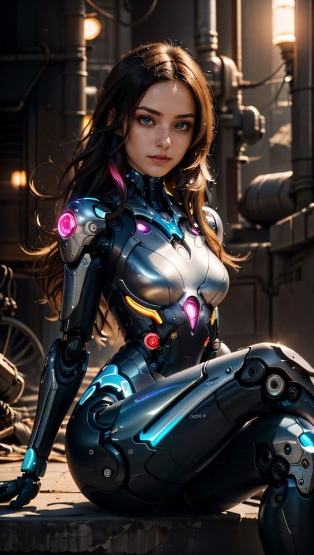 (best quality, masterpiece, colorful, dynamic angle, highest detailed)upper body photo, full body photo, fashion photography of cute 1girl, mechanical arms, cyborg, dark mood, dystopia, glowing, looking at viewer, sitting, long hair, bokeh (intricate details, hyperdetailed:1.15), detailed, light passing through hair, (official art, extreme detailed, highest detailed),