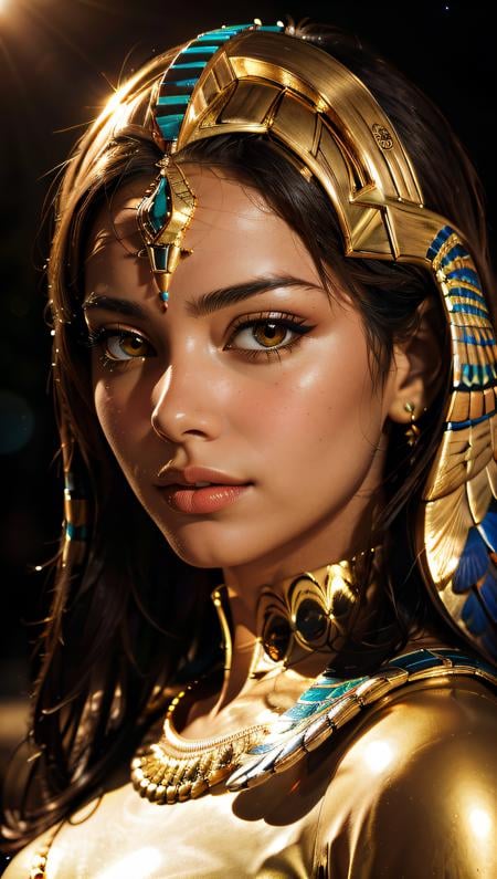 Horus, egyptian goddess, gold ornaments, dark theme, soothing tones, muted colors, high contrast, piramids background, perfect clear night, (natural skin texture, hyperrealism, soft light, sharp)