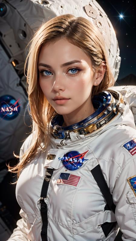 raw photo of a sexy woman, on the moon wearing a space suit, long blonde hair, blue eyes, focus face, upper body, perfect face, nasa,