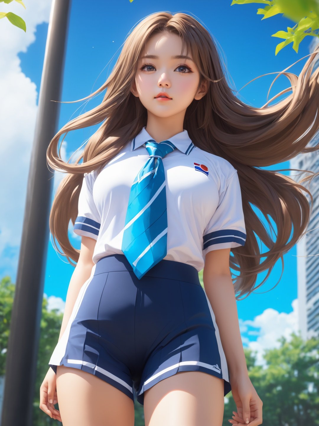 1girl,solo,outdoors,masterpiece,best quality,huge bust,chest focus,long_hair,korean idol,kaza,loose_necktie,upshorts,colorful,huge filesize,adorable_girl,sportswear,