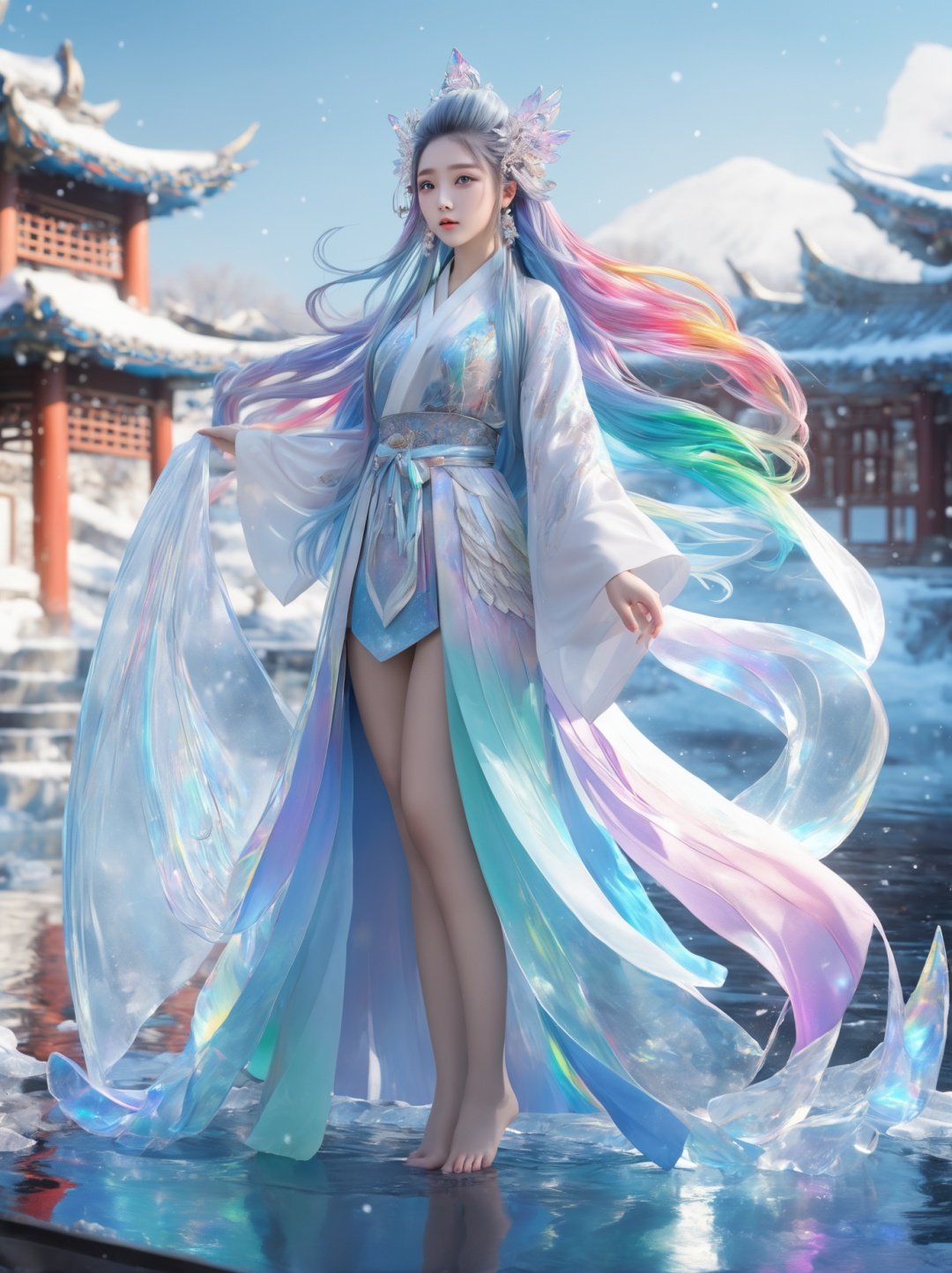 1girl,solo,outdoors,masterpiece,best quality,huge bust,chest focus,long_hair,korean idol,kaza,loose_necktie,beautiful detailed glow,detailed ice,beautiful detailed water,(floating palaces:1.2),(ice crystal texture wings),（Iridescence and rainbow hair:2.5),hanfu, tang style outfits,<lora:hanfuTang_v32:0.7>,full_shot,upshorts,colorful,huge filesize,adorable_girl,