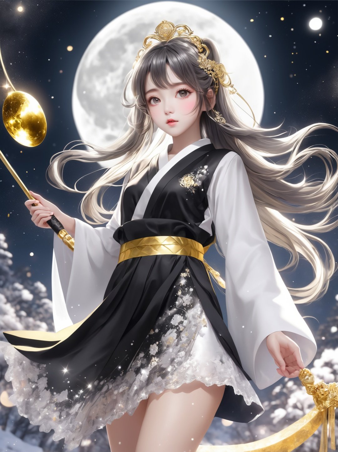 1girl,solo,outdoors,masterpiece,best quality,huge bust,chest focus,long_hair,korean idol,kaza,loose_necktie,upshorts,colorful,huge filesize,adorable_girl,tennis_uniform,((moon)), starry sky, (lighting particle), fog, snow,(bloom),((((melt)))),(((((black and white melt))))),(((wear Black and white Taoist robes))),((((gold and silver lace)))),(((gold and silver lace lace))),(((flowing ((black)) and white background))),extremely detailed gorgeous tiara,